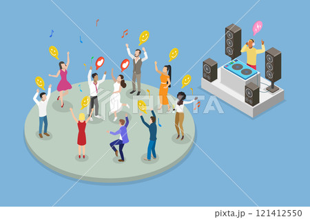 3D Isometric Flat Vector Illustration of Wedding Dancing, DJ Mixing Tracks 121412550