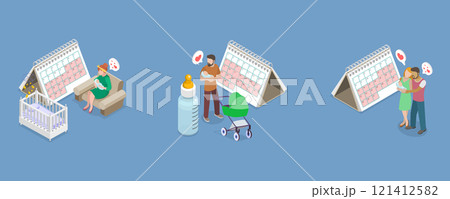 3D Isometric Flat Vector Illustration of Maternity And Paternity Leave, Caring For Newborn Infants 121412582