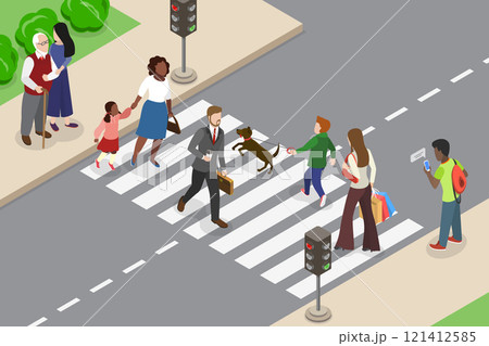 3D Isometric Flat Vector Illustration of Zebra Crosswalk, Pedestrians Safely Navigate City Streets Using Traffic Signals 121412585