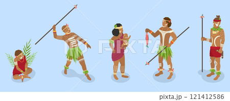 3D Isometric Flat Vector Set of Native Tribal People, Aboriginal Men 3D Isometric Flat Vector Set of Native Tribal People, Aboriginal Men 121412586