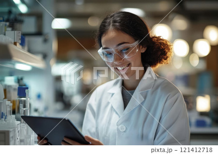 scientist woman with tablet in laboratory 121412718