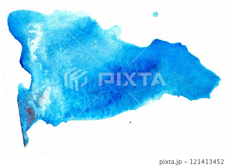 Vibrant blue watercolor splash with rich textures and subtle variations showcasing artistic expression and creativity on a pristine white background 121413452