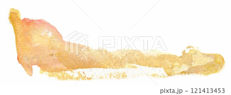 Delicate golden watercolor splash capturing the essence of a serene landscape at dawn, blending soft hues and flowing lines to evoke tranquility and beauty 121413453