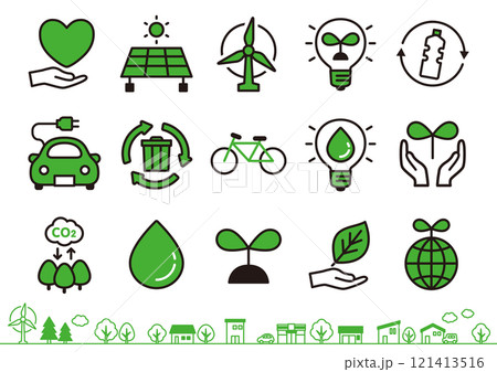 環境やエコに関連した線画のアイコンセット　緑黒白 02 121413516
