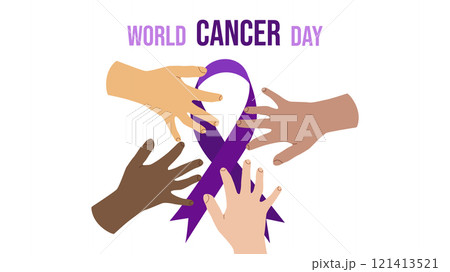 World Cancer Day. February 4th. Raising awareness. Power unity. Hands different skin colors hold one large purple ribbon. Expressing support for patients and their families. Vector illustration. World Cancer Day. February 4th. Raising awareness. Power unity. Hands different skin colors hold one large purple ribbon. Expressing support for patients and their families. Vector illustration. 121413521