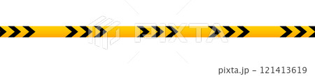 Caution tape with black and yellow chevron print. Barrier in quarantine zone, construction work area or crime scene. Stop, cordon or restricted sign isolated on white background. Vector illustration 121413619