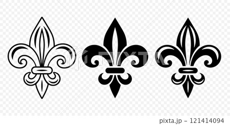 Vector Vintage White and Black Fleur De Lis Icon Set Isolated. Heraldic Lily, Retro Design Element. Vector Illustration Vector Vintage White and Black Fleur De Lis Icon Set Isolated. Heraldic Lily, Retro Design Element. Vector Illustration 121414094