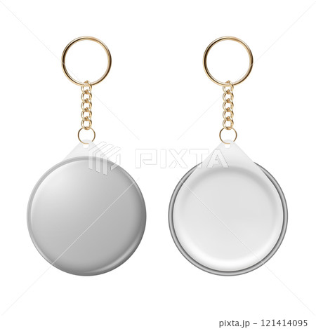 Vector 3d Realistic Round Keychain, Design Template for Printing, Mockup. Round Blank Keychain Design Element for Promo, Souvenir, Prints or Logos. ID Badge Vector Illustration, Front, Back Side View Vector 3d Realistic Round Keychain, Design Template for Printing, Mockup. Round Blank Keychain Design Element for Promo, Souvenir, Prints or Logos. ID Badge Vector Illustration, Front, Back Side View 121414095