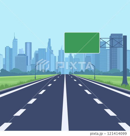 Flat Vector Highway Entering Modern City With Skyscrapers. Scenic Urban Road Leading Into Metropolis Background. Green Rectangular Blank Sign For Text. Urban Development, Cityscape Design 121414099
