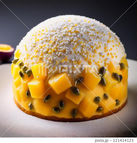 美味しそうなパッションフルーツとパイナップルのスノーボールケーキ 121414123