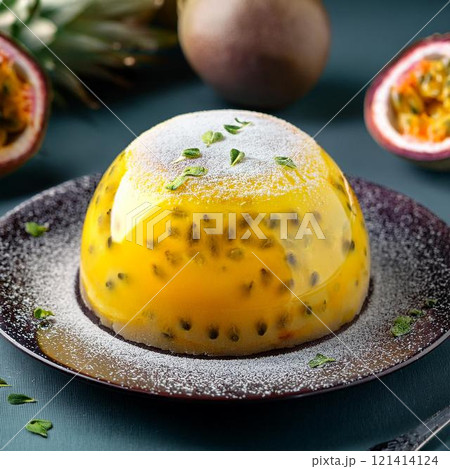 美味しそうなパッションフルーツとパイナップルのスノーボールケーキ 121414124