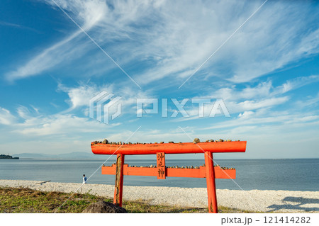 佐賀県太良町　有明海の浅瀬に立つ秋の大魚神社の海中鳥居 121414282