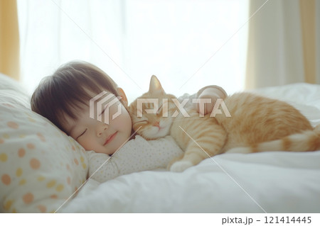ベッドでお昼寝をする赤ちゃんと子猫 121414445