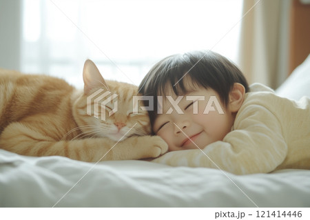 ベッドでお昼寝をする赤ちゃんと子猫 ベッドでお昼寝をする赤ちゃんと子猫 121414446