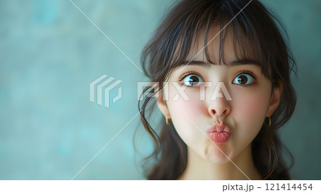 口をとがらせて変顔をする若い女性 121414454
