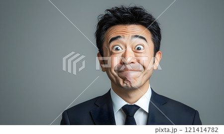 変顔をするスーツを着た中年男性 121414782