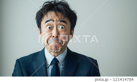 変顔をするスーツを着た中年男性 121414784