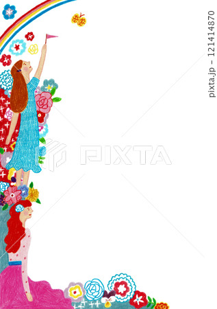 手描きイラスト 女性と花 フレーム 手描きイラスト 女性と花 フレーム 121414870