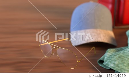 The Cap and Bag on wood table for travel or holiday concept 3d rendering. The Cap and Bag on wood table for travel or holiday concept 3d rendering. 121414959