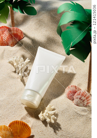 Mockup for sunblock show by unlabeled white tube placed on a simulated sandy beach background adorned with seashells, corals, and paper palm trees. Template image for sunscreen promotion. Mockup for sunblock show by unlabeled white tube placed on a simulated sandy beach background adorned with seashells, corals, and paper palm trees. Template image for sunscreen promotion. 121415036