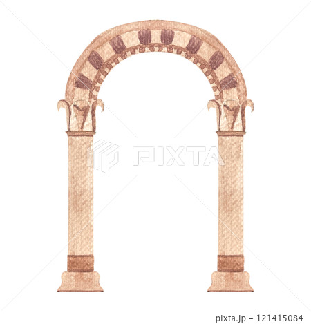 Stone greek ancient classic arch on white background. High quality architecture watercolor illustration for cards, posters, stickers, decor and design. Decorative residence image in beige color Stone greek ancient classic arch on white background. High quality architecture watercolor illustration for cards, posters, stickers, decor and design. Decorative residence image in beige color 121415084