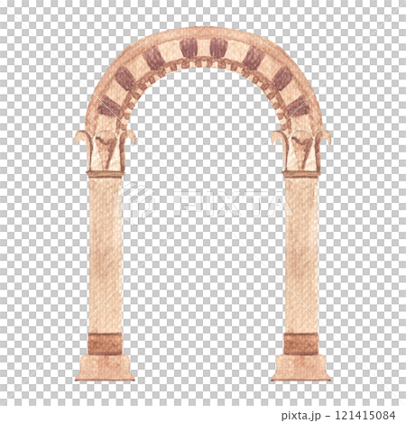 Stone greek ancient classic arch on white background. High quality architecture watercolor illustration for cards, posters, stickers, decor and design. Decorative residence image in beige color Stone greek ancient classic arch on white background. High quality architecture watercolor illustration for cards, posters, stickers, decor and design. Decorative residence image in beige color 121415084