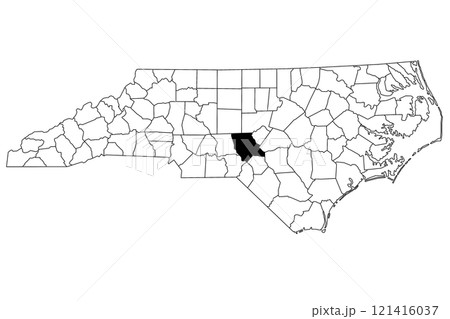 Map of Moore County in North Carolina state on white background. single County map highlighted by black color on North Carolina map. UNITED STATES, US Map of Moore County in North Carolina state on white background. single County map highlighted by black color on North Carolina map. UNITED STATES, US 121416037