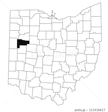 Map of auglaize County in Ohio state on white background. single County map highlighted by black colour on Ohio map. UNITED STATES, US Map of auglaize County in Ohio state on white background. single County map highlighted by black colour on Ohio map. UNITED STATES, US 121416617