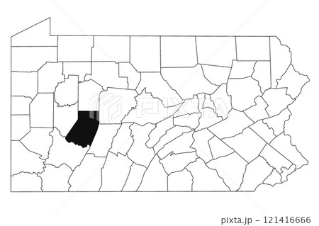 Map of Indiana County in Pennsylvania state on white background. single County map highlighted by black colour on Pennsylvania map. UNITED STATES, US 121416666