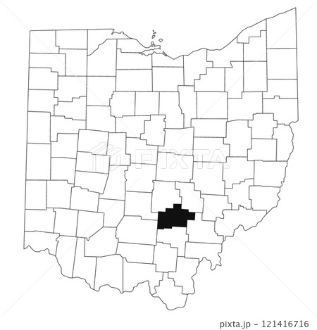 Map of Hocking County in Ohio state on white background. single County map highlighted by black colour on Ohio map. UNITED STATES, US Map of Hocking County in Ohio state on white background. single County map highlighted by black colour on Ohio map. UNITED STATES, US 121416716