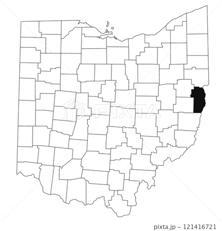 Map of Jefferson County in Ohio state on white background. single County map highlighted by black colour on Ohio map. UNITED STATES, US 121416721