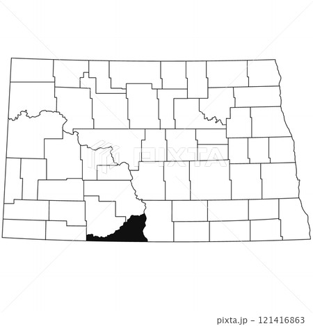 Map of Sioux County in North Dakota state on white background. single County map highlighted by black colour on North Dakota map . 121416863