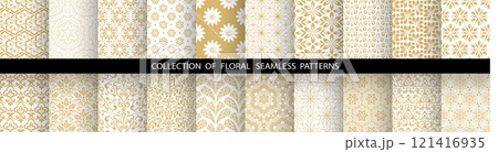 Geometric floral set of seamless patterns. White and golden vector backgrounds. Damask graphic ornaments 121416935