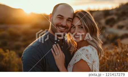 Engaged Couple Captured at Spa Lifestyle Sunset in Natural Beauty Setting with Warm Emotion and Joyful Faces 121417279