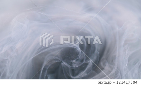Shimmer liquid. Dust magic. Defocused gray white cloud paint ink mist vortex vapor steam moving on abstract art background. 121417304