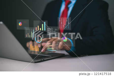 Business people use computers to analyze business and manage corporate data in office, Financial and marketing strategy, Business analytics with charts, KPIs to improve organizational performance. 121417518