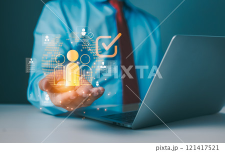 Human Resources, HR Manager show manager icon and employee for leadership services, HR, HRM, HRD leading organization in recruiting and prospecting, Building a strong team, Concept of choose job staff 121417521