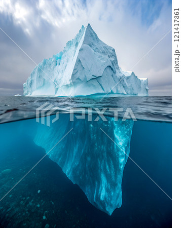 A large iceberg reveals its hidden underwater part in the ocean under. Created with Generative AI. 121417861