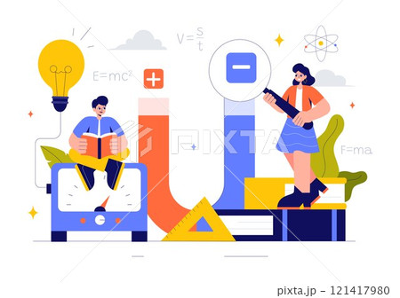 Physics Learning Vector Illustration featuring Students Exploring Electricity, Magnetism, Light Waves and Forces of Science and Technology Exploration 121417980