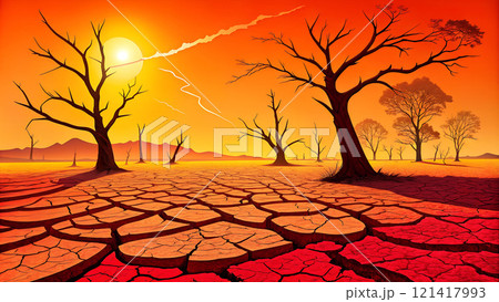 A barren land devoid of flora and fauna, with deep cracks etched into the parched earth. 121417993