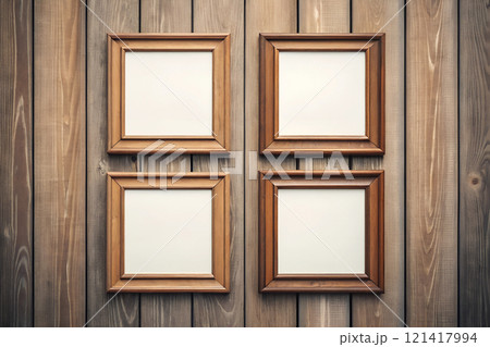 Empty wooden picture frames on a wooden wall background. Created with Generative AI. Empty wooden picture frames on a wooden wall background. Created with Generative AI. 121417994
