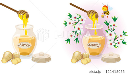 蜂蜜と生姜とマヌカの花そしてミツバチ 121418033