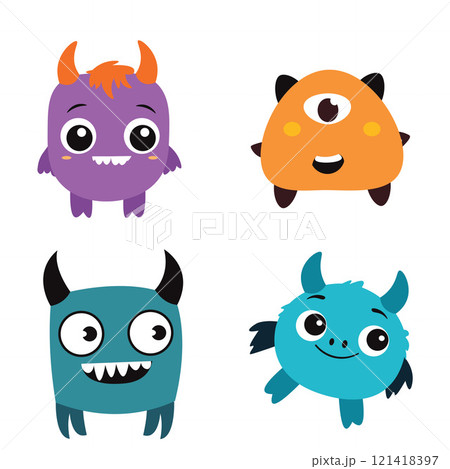 Set of Cute Scary Horned Monster Mascot Cartoon Character with Humor Happy Expression 121418397