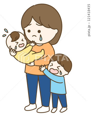 2人育児が大変なお母さんのイラスト 121418435