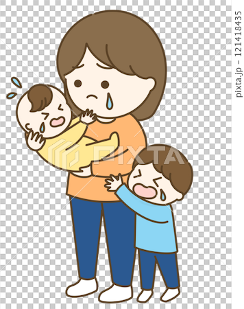 2人育児が大変なお母さんのイラスト 121418435