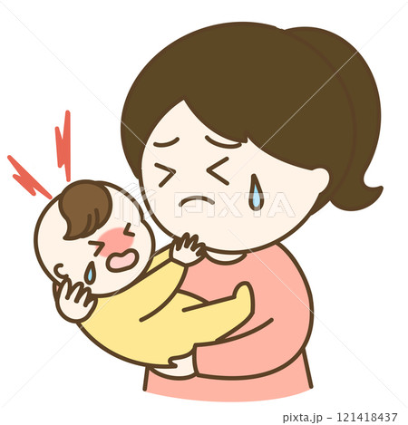 癇癪を起こして泣く赤ちゃんとポニーテールのお母さんのイラスト 癇癪を起こして泣く赤ちゃんとポニーテールのお母さんのイラスト 121418437