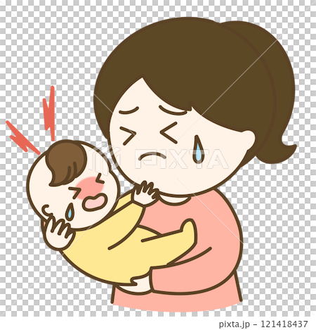 癇癪を起こして泣く赤ちゃんとポニーテールのお母さんのイラスト 癇癪を起こして泣く赤ちゃんとポニーテールのお母さんのイラスト 121418437