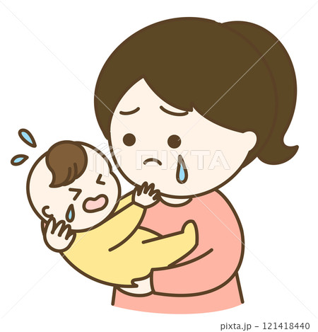 泣く赤ちゃんとポニーテールのお母さんのイラスト　 121418440