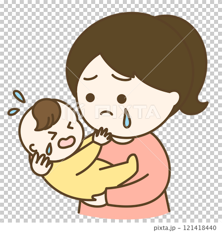泣く赤ちゃんとポニーテールのお母さんのイラスト　 121418440