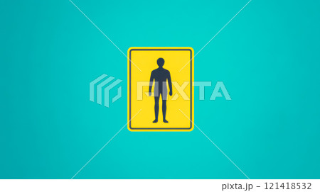 Yellow male restroom sign on turquoise background representing gender and accessibility 121418532